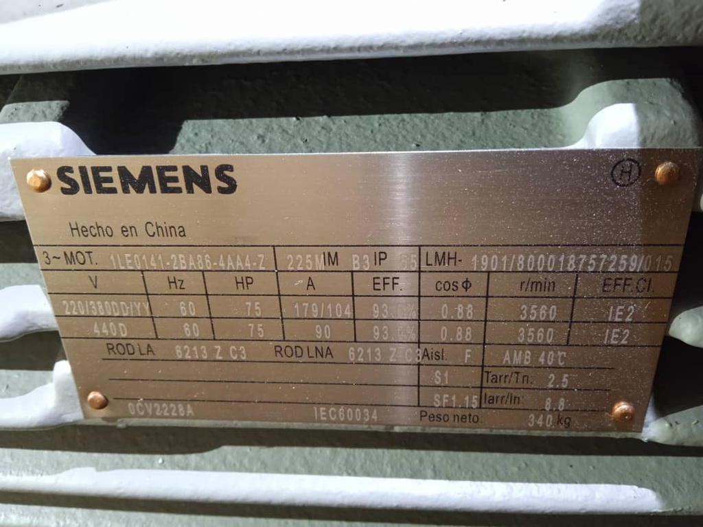 MOTOR HORIZONTAL  75,00HP 3600RPM SIEMENS MS230750 3PH 220-440V 2P SF 1,15 225M 55,00KW
