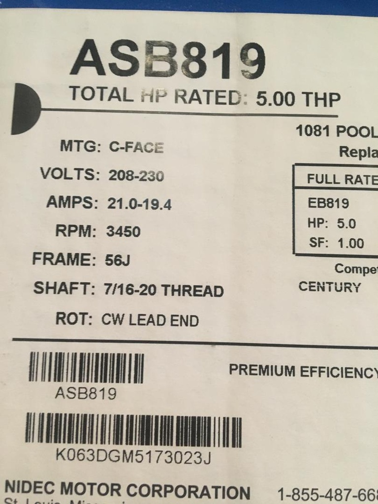 MOTOR HORIZONTAL TC  5,00HP 3600RPM US MOTORS ASB819 AQUA SHIELD 1PH 208-230V 2P SF 1,15 3W DOL 56J FHP NEMA CI