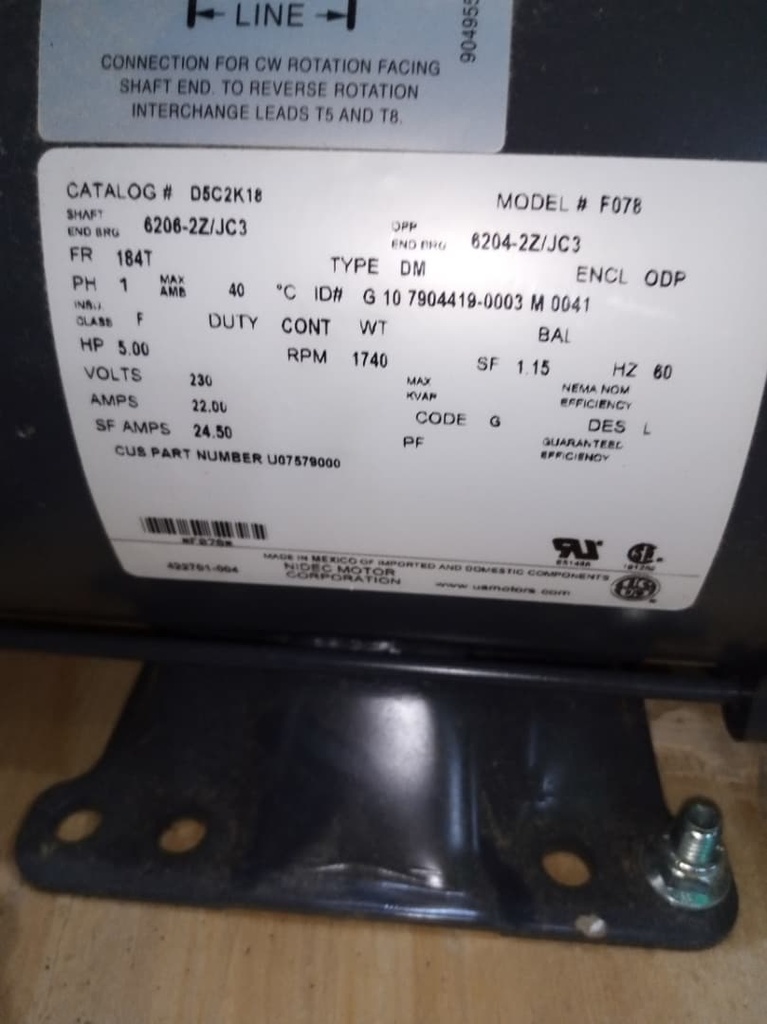 MOTOR HORIZONTAL T  5,00HP 1800RPM US MOTORS D5C2K18 1PH 230V 4P SF 1,15 3W DOL 184T ODP NEMA CI