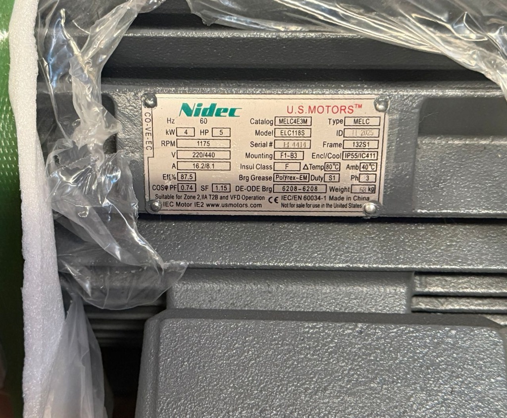 MOTOR HORIZONTAL   5,00HP 1200RPM US MOTORS MELC4E3M/ELC118S 3PH 230V 4P SF 1,15 3W DOL TEFC IEC-IE2 CI