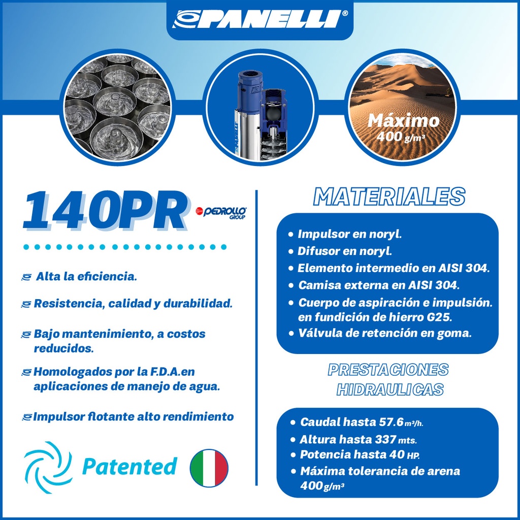 CUERPO SUMERGIBLE PANELLI  6" SERIE  PR MOD. 140PR07506  75GPM   7,50HP  06ET 3"NPT NEMA6