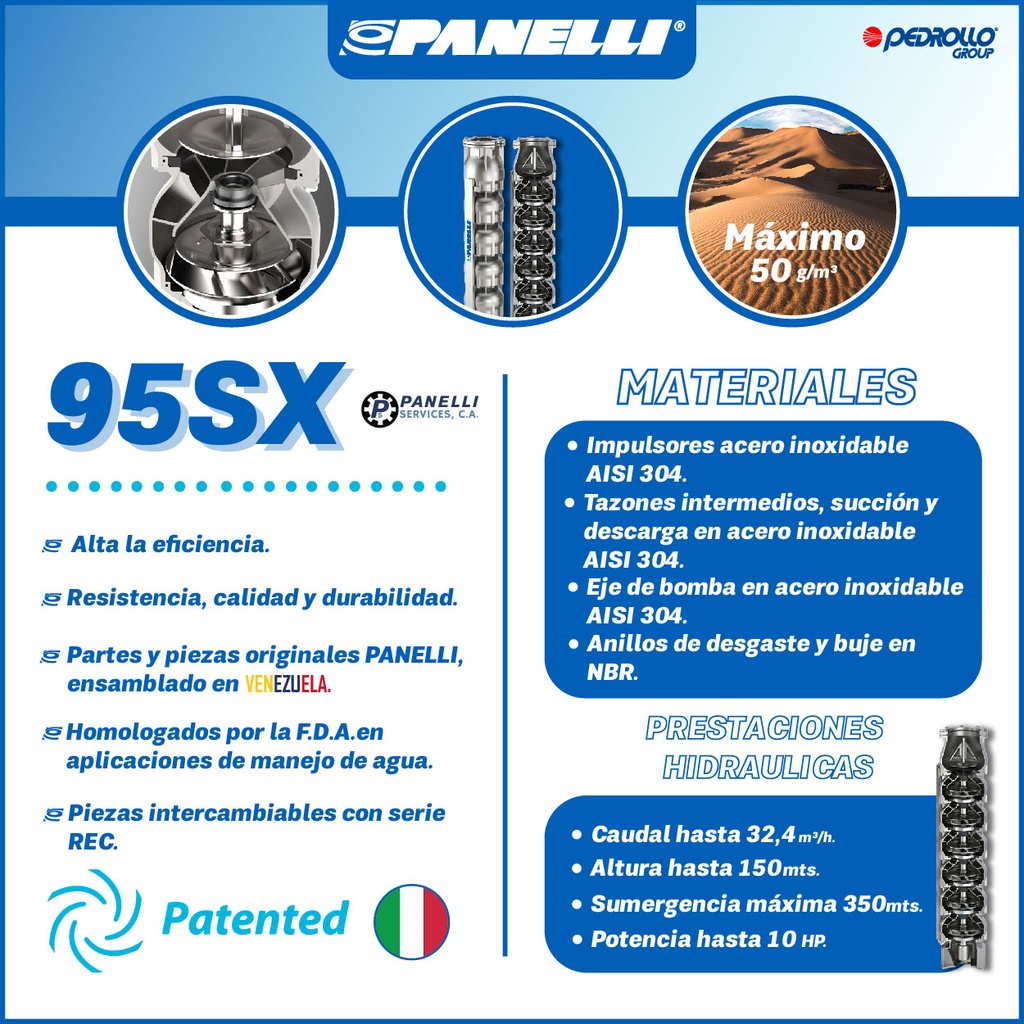 CUERPO SUMERGIBLE PANELLI  4" SERIE  SX MOD.  95SX11004  110GPM   2,00HP 04ET 2"NPT NEMA4
