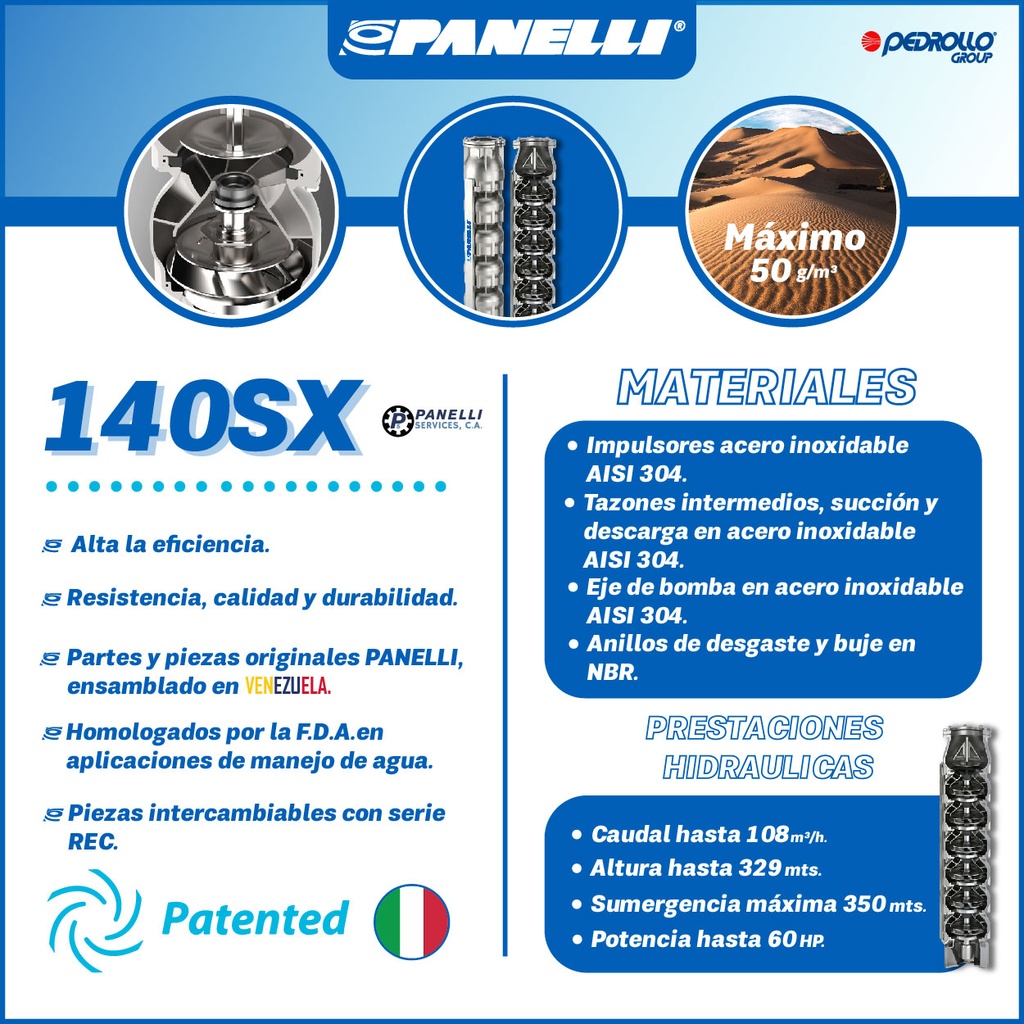 CUERPO SUMERGIBLE PANELLI  6" SERIE  SX MOD. 140SX20008  200GPM  25,00HP 08ET 4"NPT NEMA6 