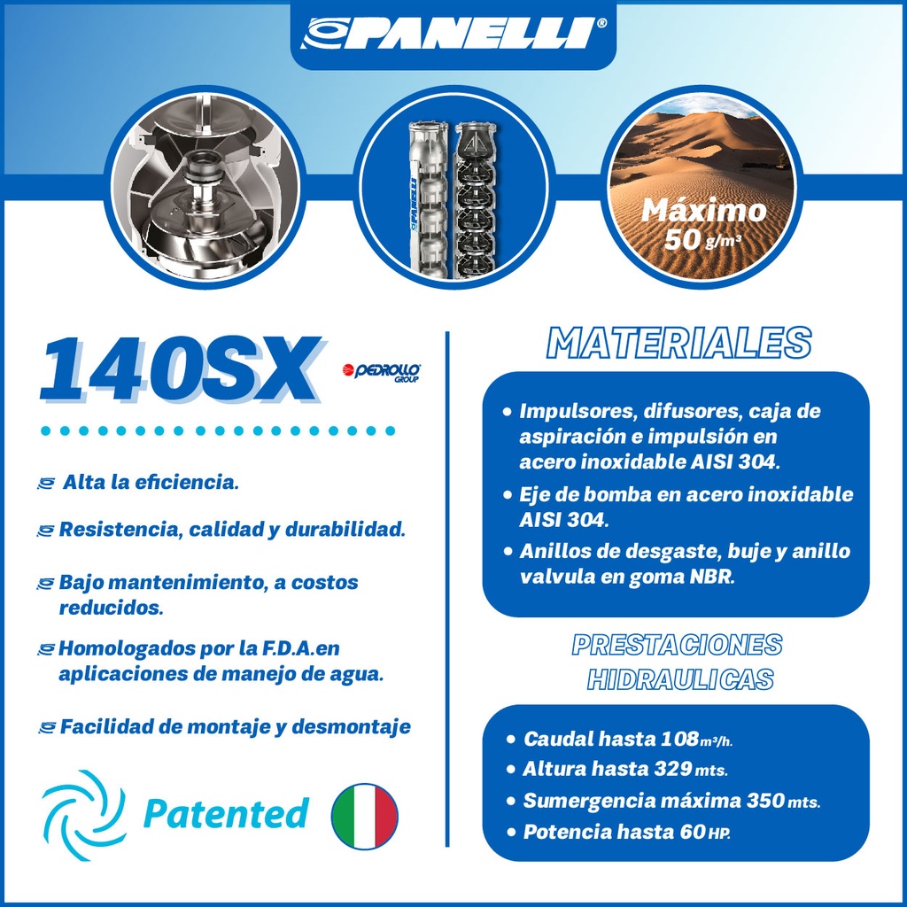 CUERPO SUMERGIBLE PANELLI  6" SERIE  SX MOD. 140SX25006  250GPM  20,00HP 06ET 3"NPT NEMA6