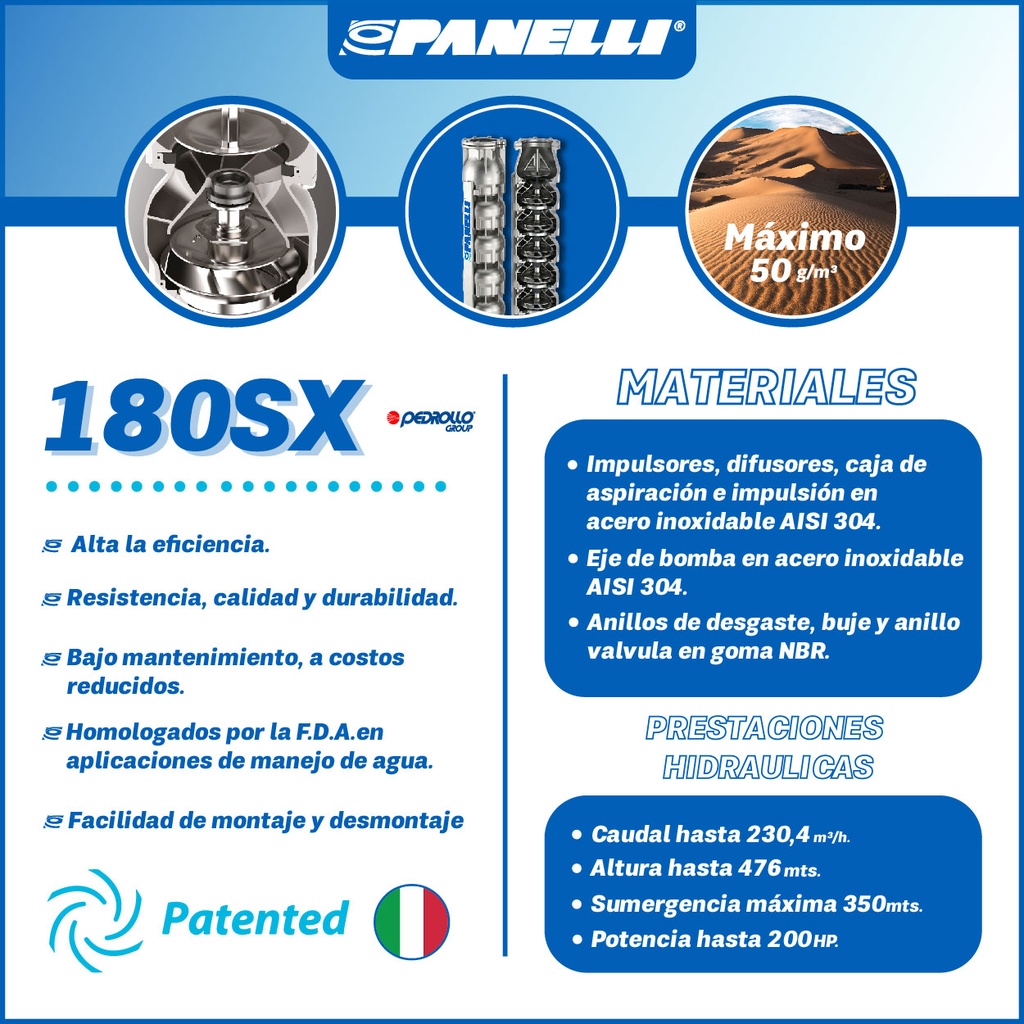 CUERPO SUMERGIBLE PANELLI  8" SERIE  SX MOD. 180SX60006 600GPM 100,00HP  06ET 6"NPT NEMA8 