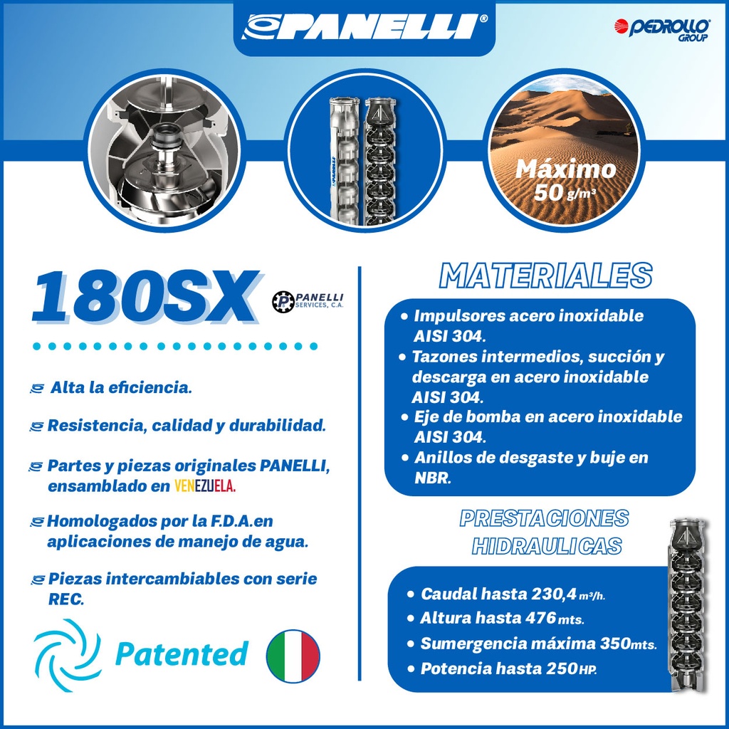 CUERPO SUMERGIBLE PANELLI  8" SERIE  SX MOD. 180SX80003 800GPM  75,00HP  03ET 6"NPT NEMA8 