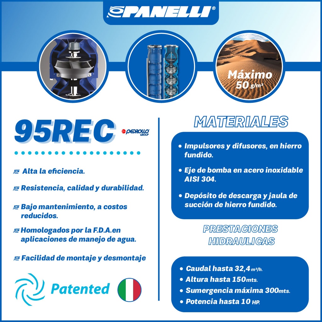 CUERPO SUMERGIBLE PANELLI  4" SERIE REC MOD.  95REC11010 110GPM   5,50HP 10ET 2"NPT NEMA4