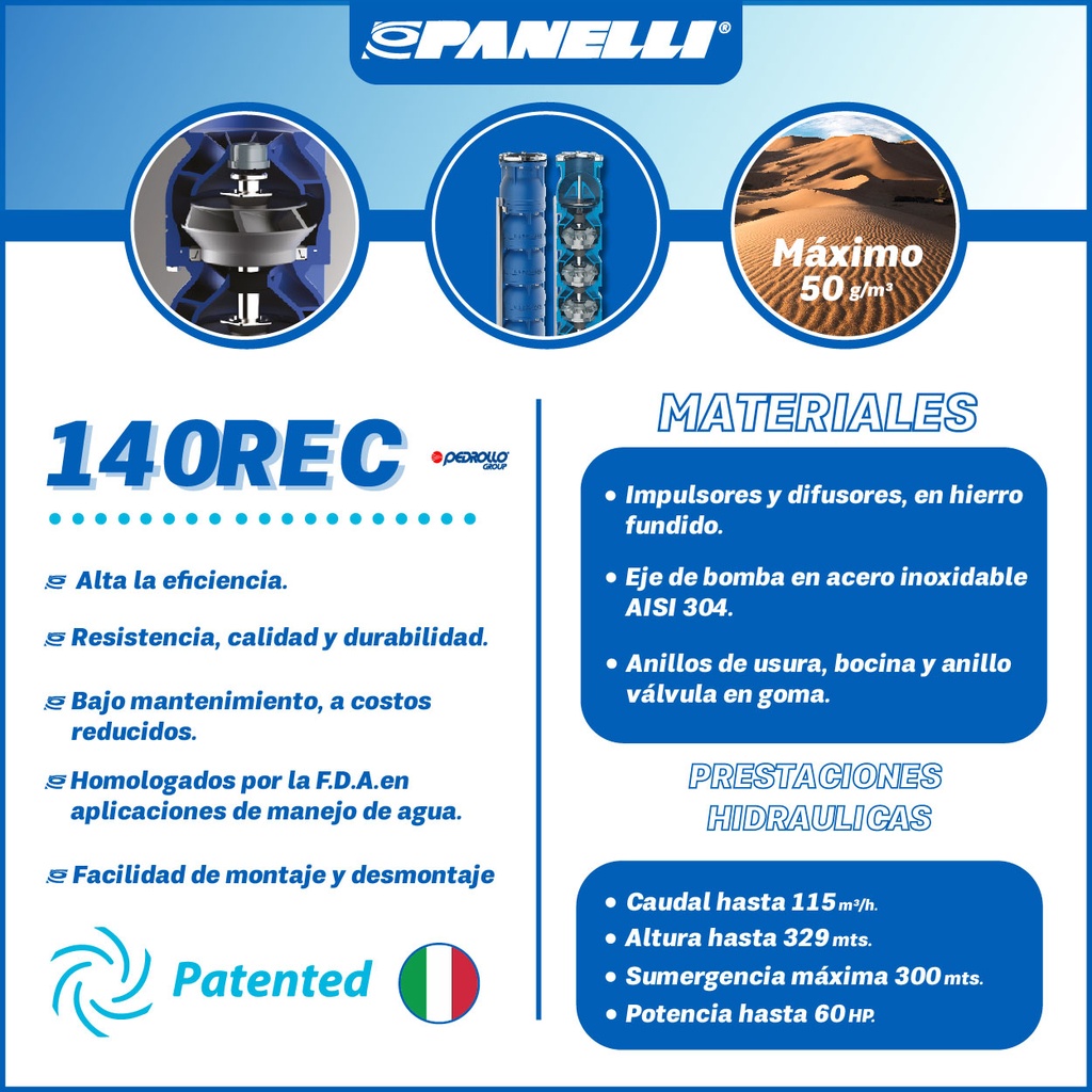 CUERPO SUMERGIBLE PANELLI  6" SERIE REC MOD 140REC32002 320GPM   7,50HP  02ET 3"NPT NEMA6