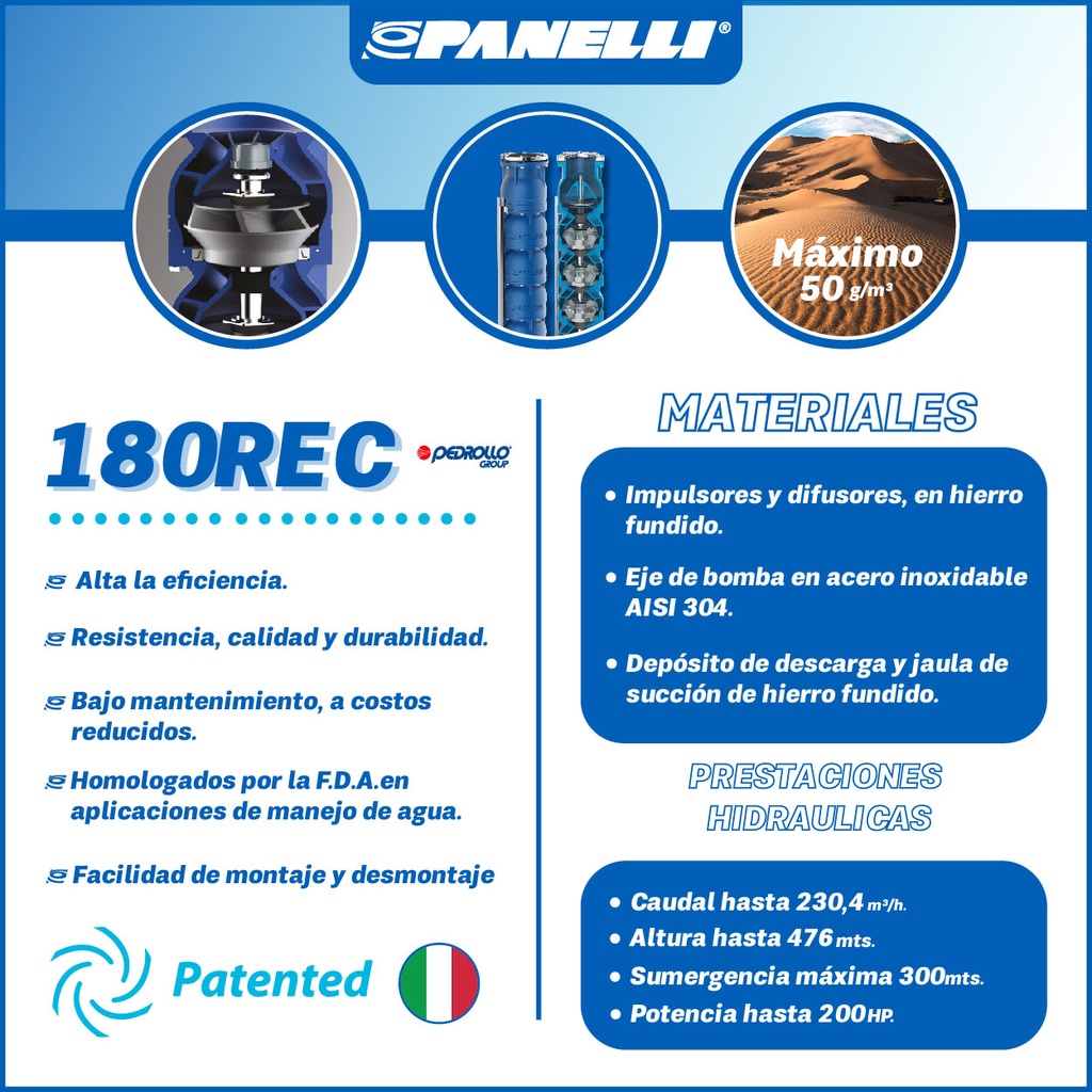 CUERPO SUMERGIBLE PANELLI  8" SERIE REC MOD. 180REC40006 400GPM 100,00HP  06ET 5"NPT NEMA8