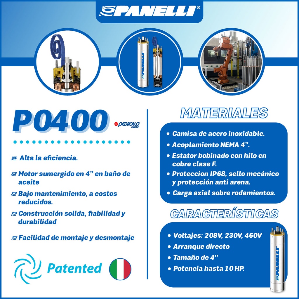MOTOR SUMERGIBLE MF PANELLI  4" SERIE P0400 MOD.   0,50HP 1PH/230V/60HZ/2P 3600RPM 3W DOL NEMA4 OF-R