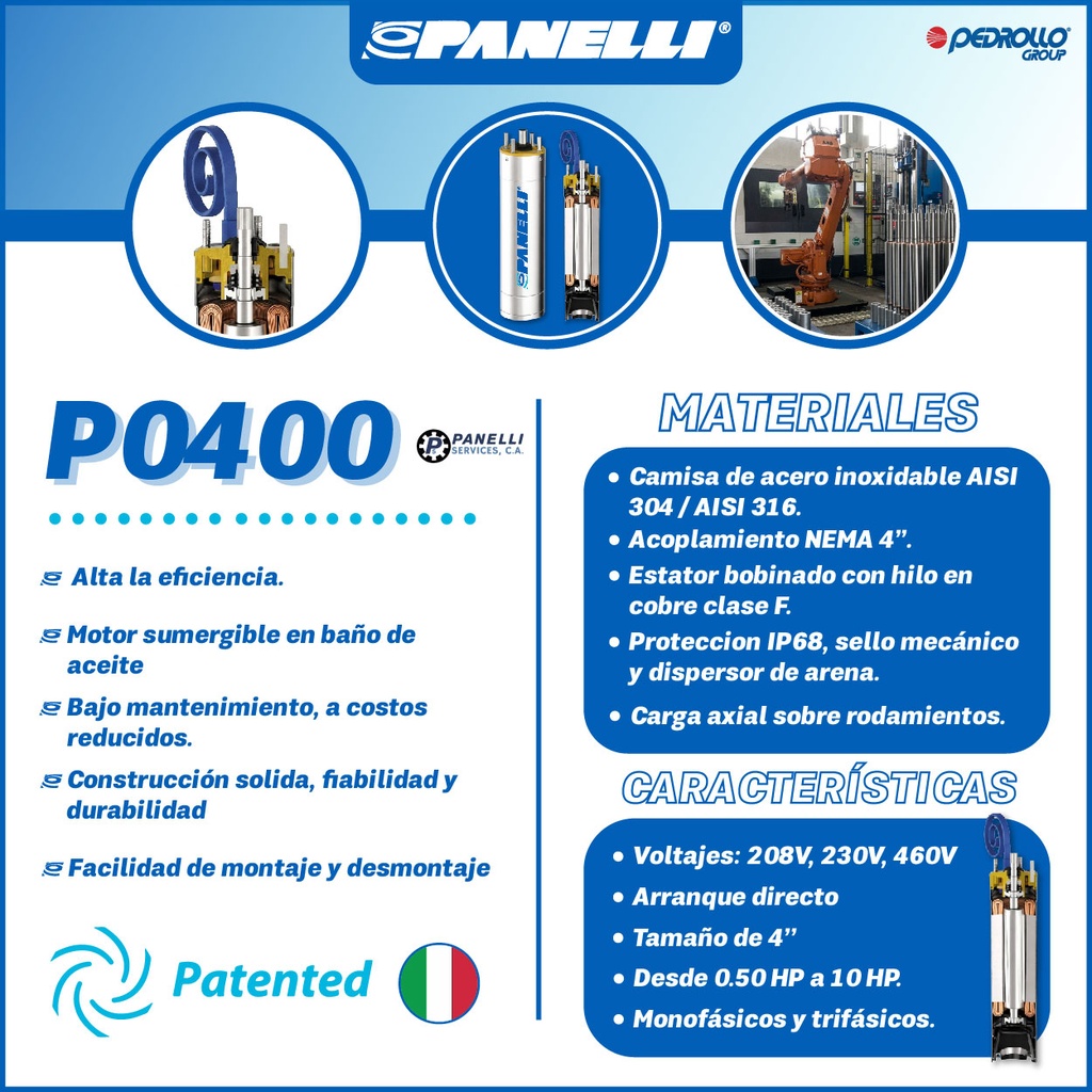 MOTOR SUMERGIBLE TF PANELLI  4" SERIE P0400 MOD.   1,50HP 3PH/230V/60HZ/2P 3600RPM 3W DOL NEMA4 OF-R