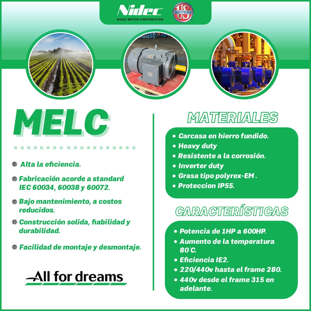 MOTOR HORIZONTAL   1,00HP 1200RPM US MOTORS MELC075E3M / ELC103S 3PH 220-440V 6P SF 1,15 9W DOL 90S TEFC IEC-IE2 CI
