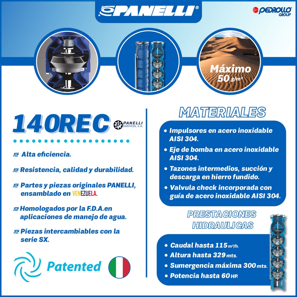 CUERPO SUMERGIBLE PANELLI  6" SERIE REC MOD 140REC38008 380GPM  40,00HP  08ET 4"NPT NEMA6 