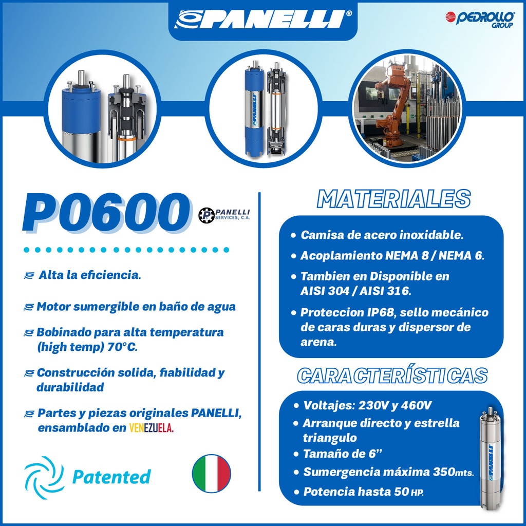 MOTOR SUMERGIBLE TF PANELLI  6" SERIE P0600 MOD.  10,00HP 3PH/460V/60HZ/2P 3600RPM 3W DOL NEMA6 WF-R