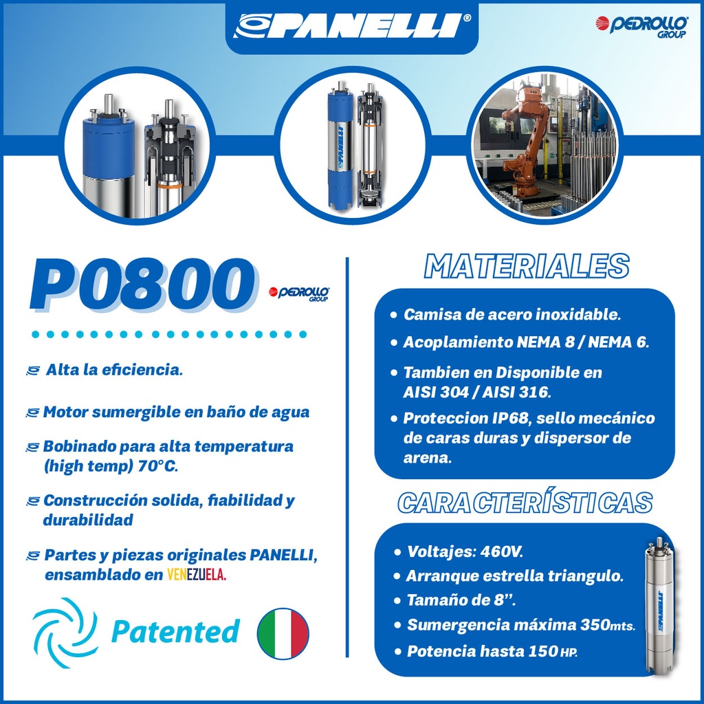 MOTOR SUMERGIBLE TF PANELLI  8" SERIE P0800 MOD.  60,00HP 3PH/460V/60HZ/2P 3600RPM 6W Y-D NEMA8 WF-R