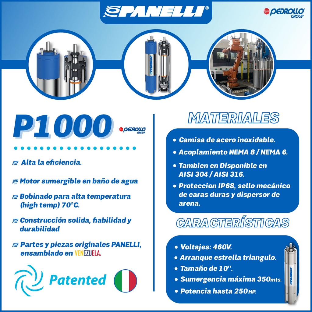 MOTOR SUMERGIBLE TF PANELLI 10" SERIE P1000 MOD. 200,00HP 3PH/460V/60HZ/2P 3600RPM 6W Y-D NEMA8 WF-R
