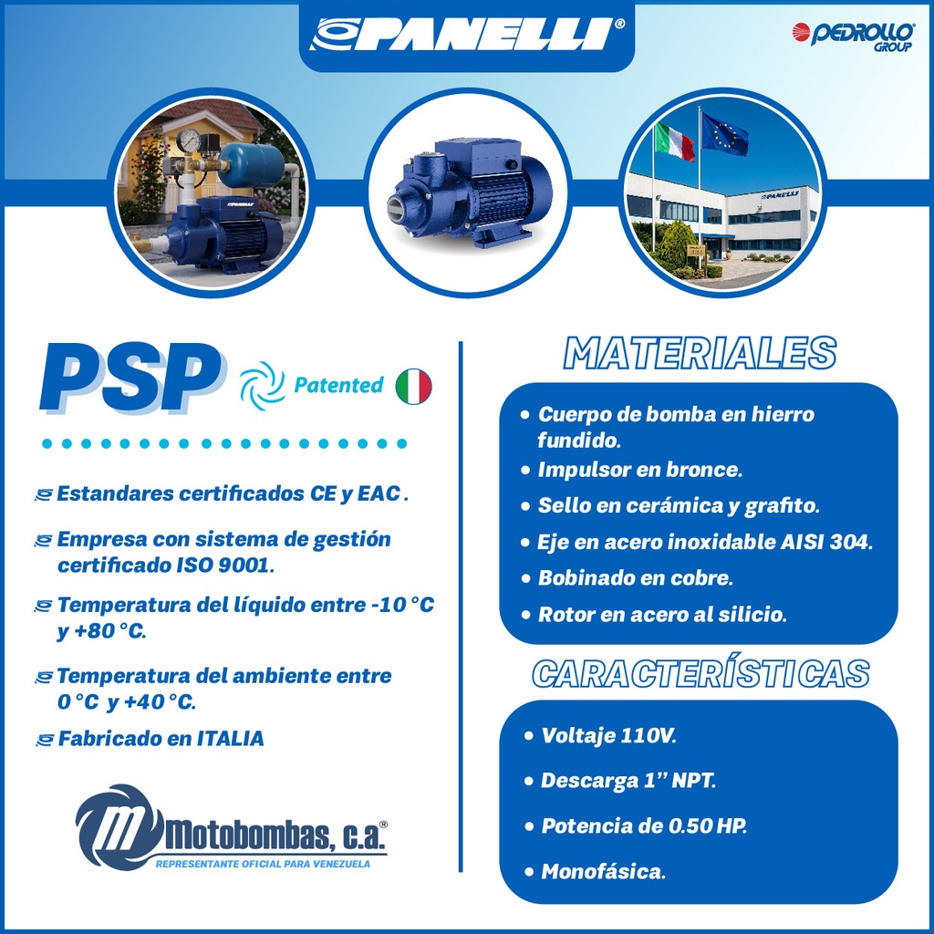 BOMBA MONOBLOCK PERIFERICA PANELLI PSP 50  0,50HP/110V/1PH/60HZ 1" NPT