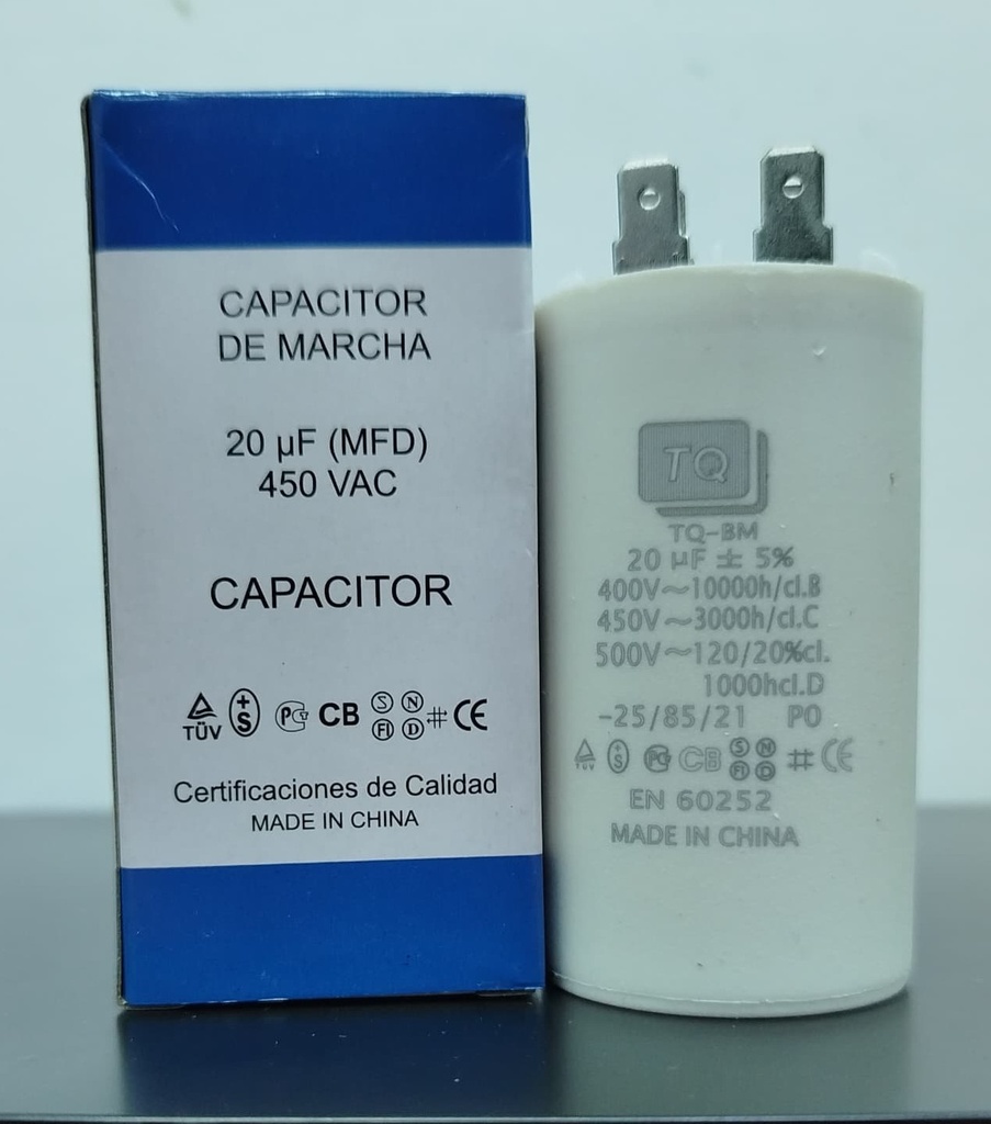 CAPACITOR DE MARCHA MARCA TQ MOD. 20uF 450V