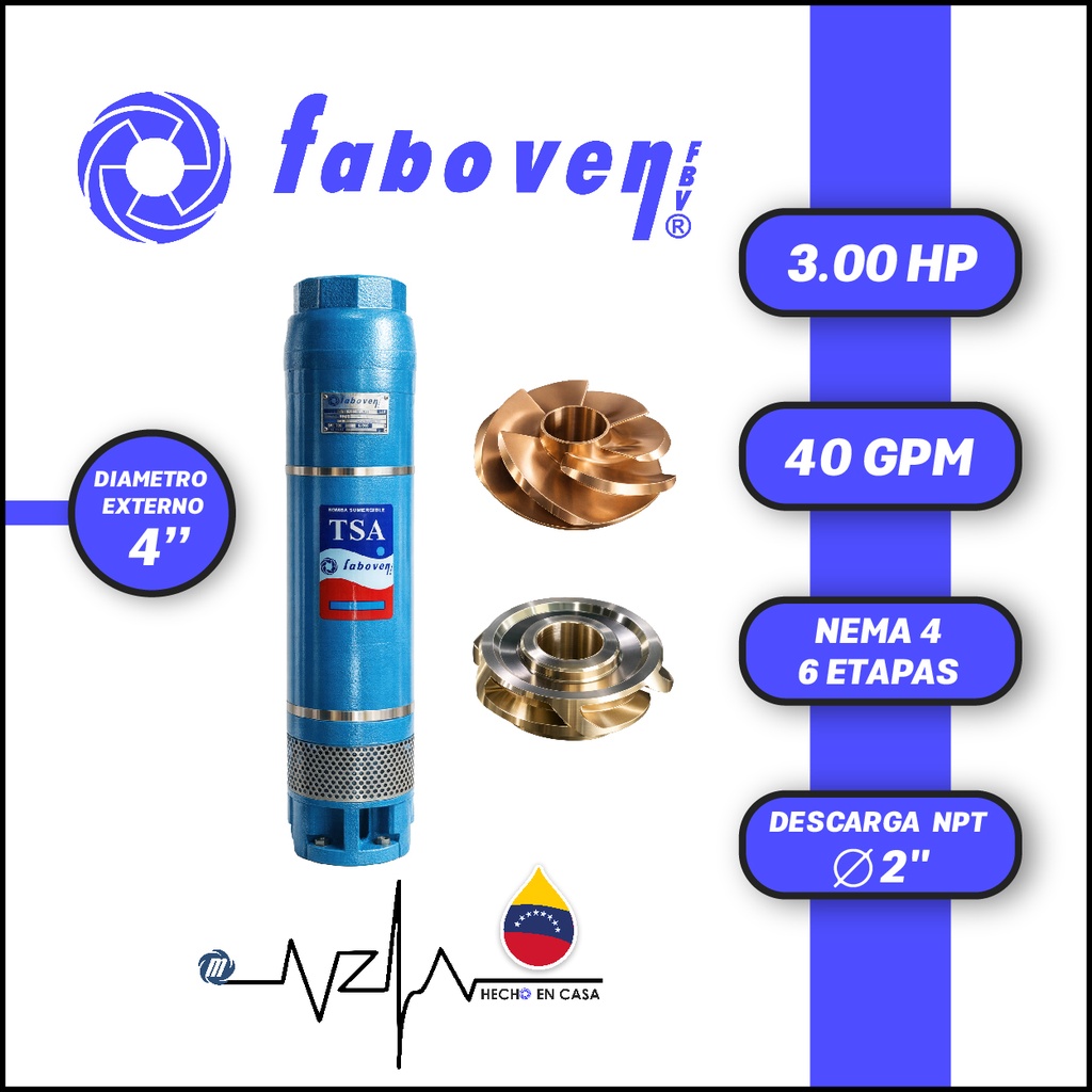 CUERPO SUMERGIBLE FABOVEN  4" SERIE TSA MOD. 00304L06AX0   40GPM   3,00HP 06ET 2"NPT NEMA4               