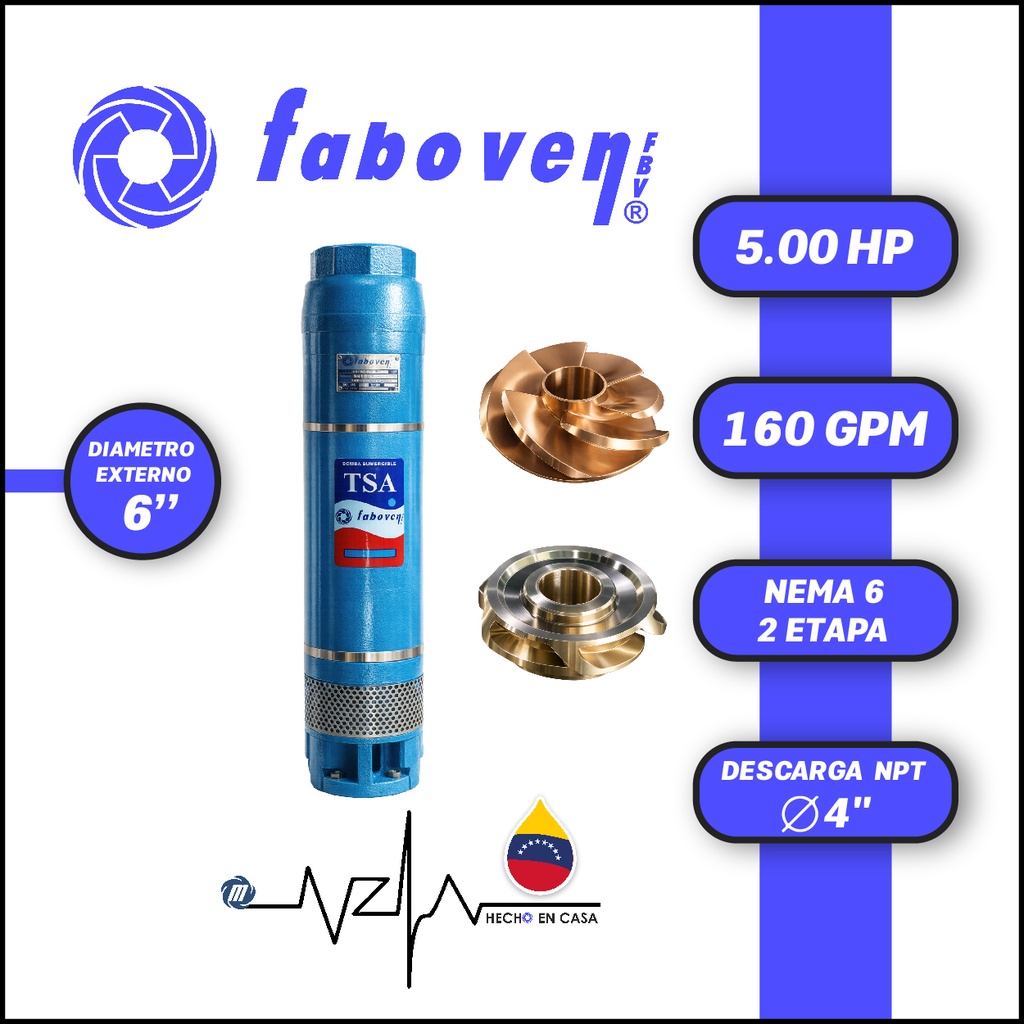 CUERPO SUMERGIBLE FABOVEN  6" SERIE TSA MOD. 00506L02FX0  160GPM   5,00HP 02ET 4"NPT NEMA6             