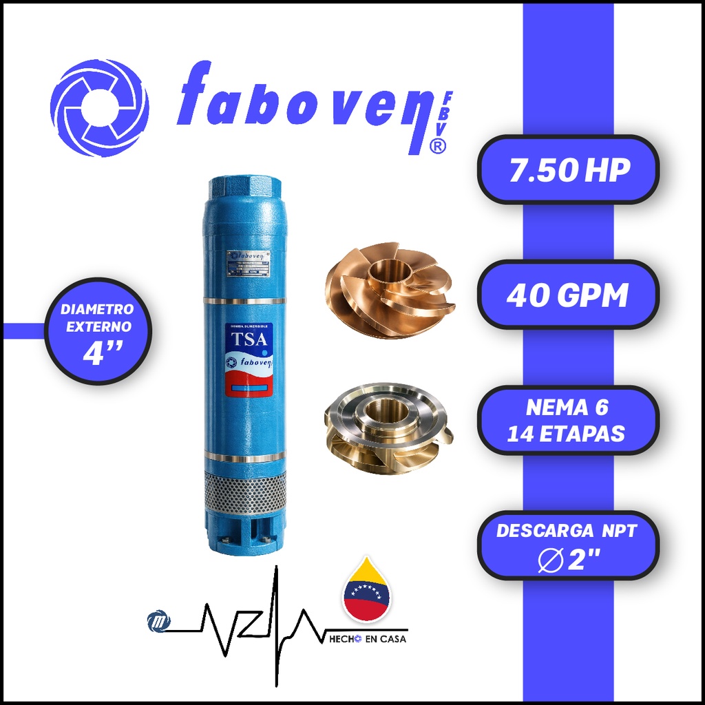 CUERPO SUMERGIBLE FABOVEN  4" SERIE TSA MOD. 00754L14BX0   40GPM   7,50HP 14ET 2"NPT NEMA6               