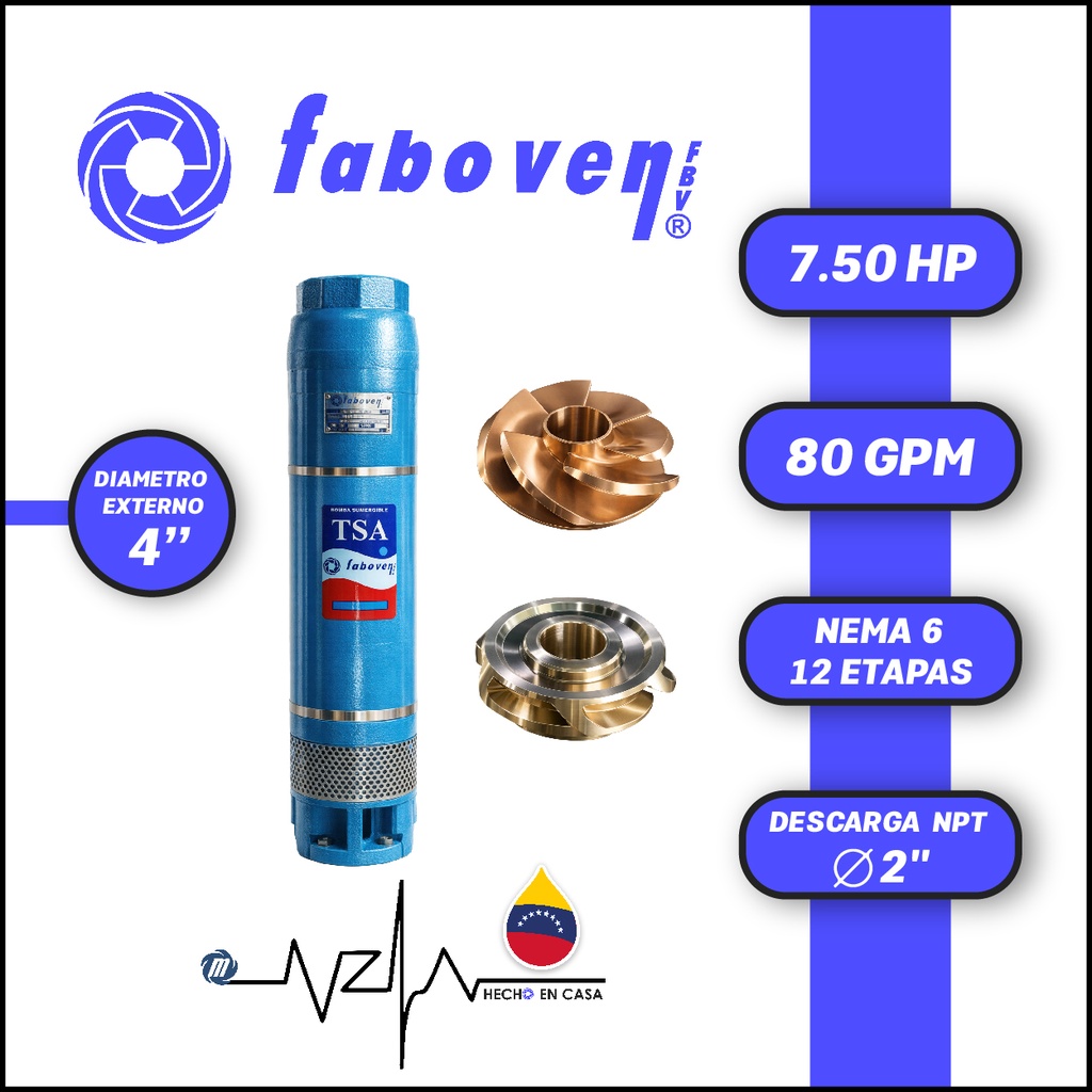 CUERPO SUMERGIBLE FABOVEN  4" SERIE TSA MOD. 00754M12BX0   80GPM   7,50HP 12ET 2"NPT NEMA6               
