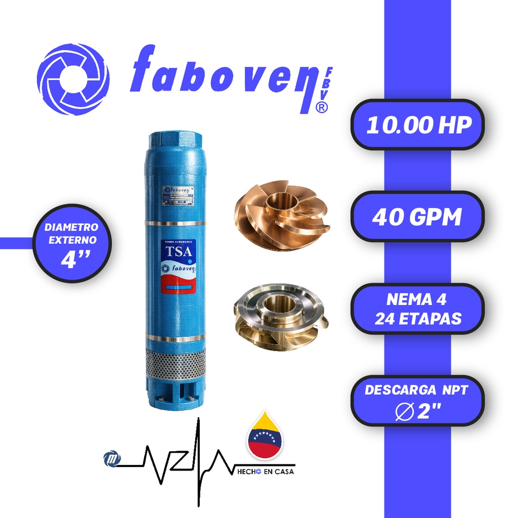 CUERPO SUMERGIBLE FABOVEN  4" SERIE TSA MOD. 01004L24AX0   40GPM  10,00HP 24ET 2"NPT NEMA4               