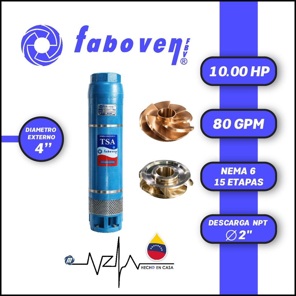 CUERPO SUMERGIBLE FABOVEN  4" SERIE TSA MOD. 01004M15BX0   80GPM  10,00HP 15ET 2"NPT NEMA6               