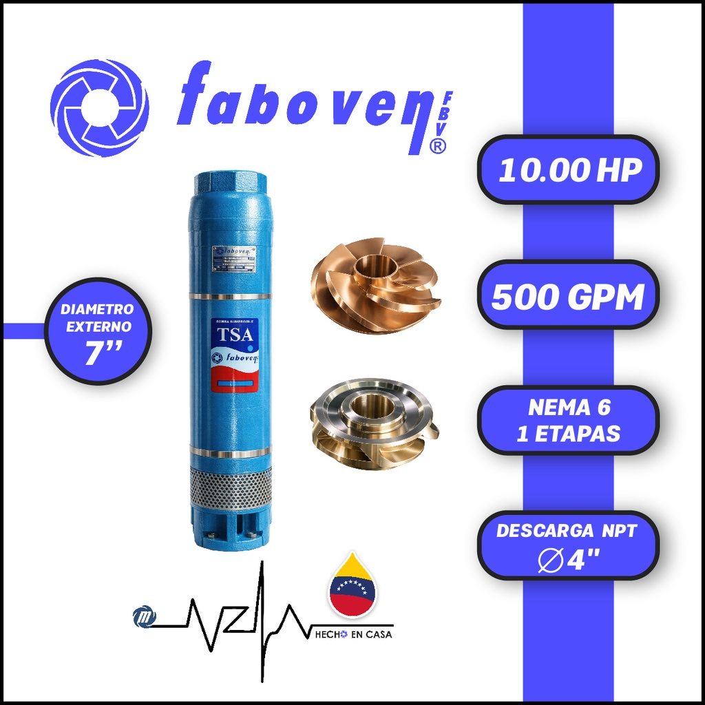 CUERPO SUMERGIBLE FABOVEN  7" SERIE TSA MOD. 01007M01IX0  500GPM  10,00HP 01ET 4"NPT NEMA6              
