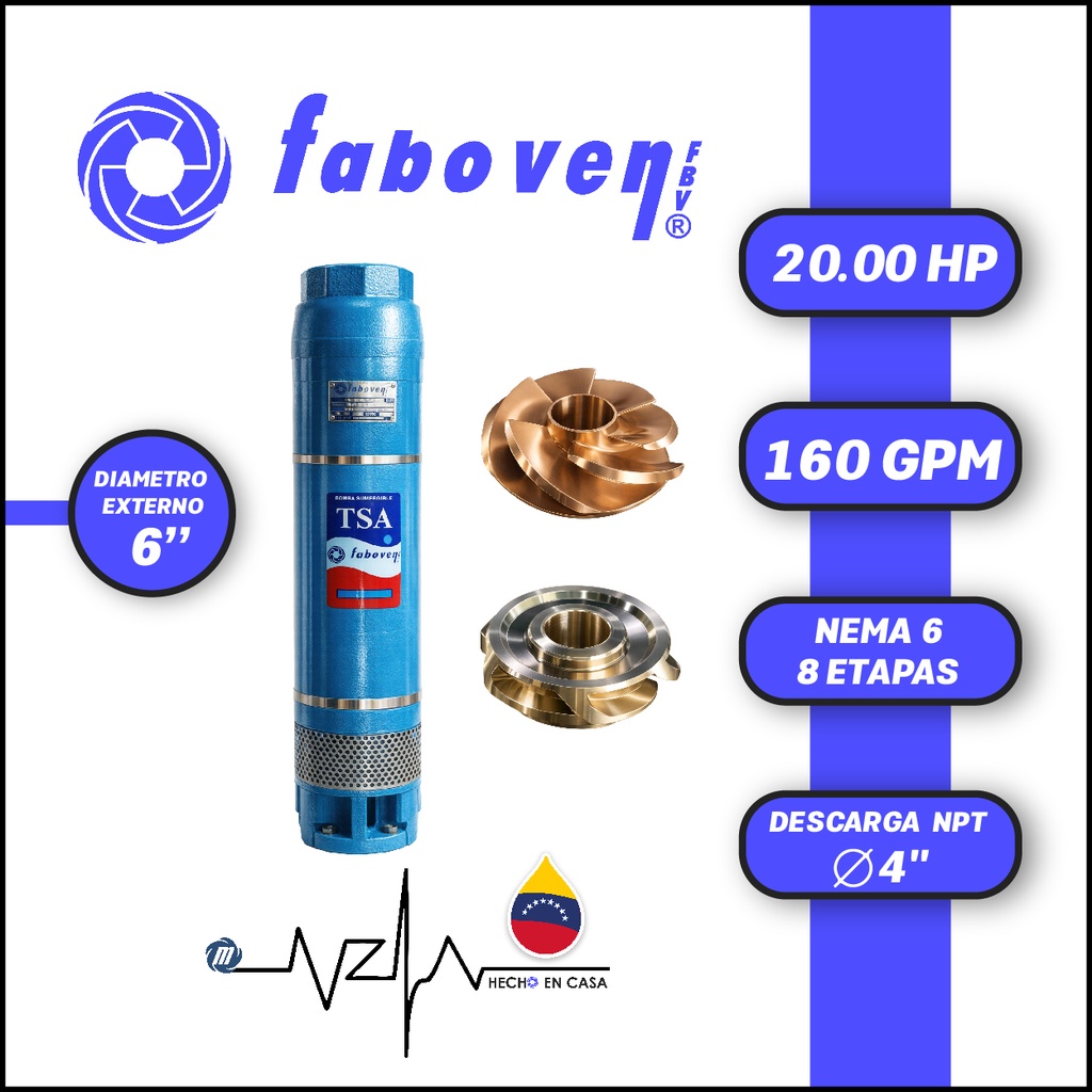 CUERPO SUMERGIBLE FABOVEN  6" SERIE TSA MOD. 02006L08GX0  160GPM  20,00HP 08ET 4"NPT NEMA6              