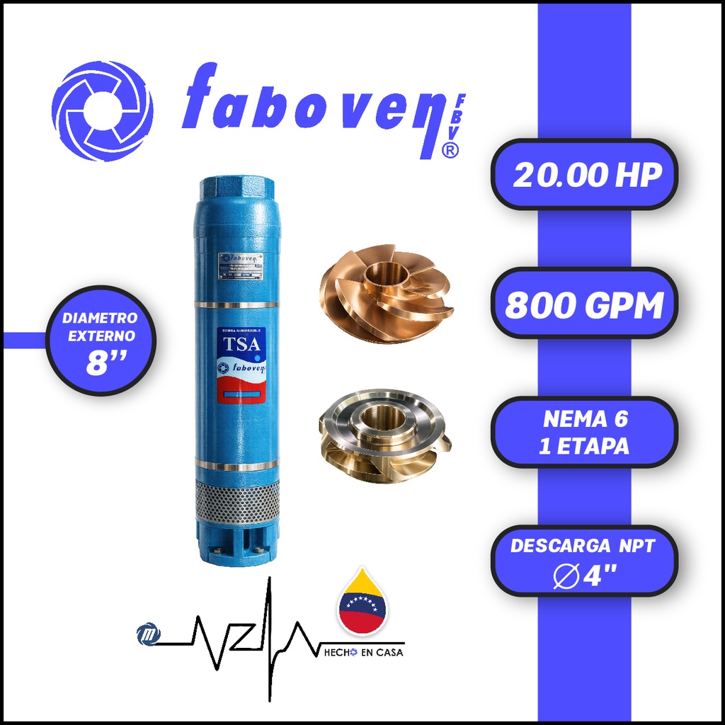 CUERPO SUMERGIBLE FABOVEN  8" SERIE TSA MOD. 02008M01IX0  800GPM  20,00HP 01ET 4"NPT NEMA6               