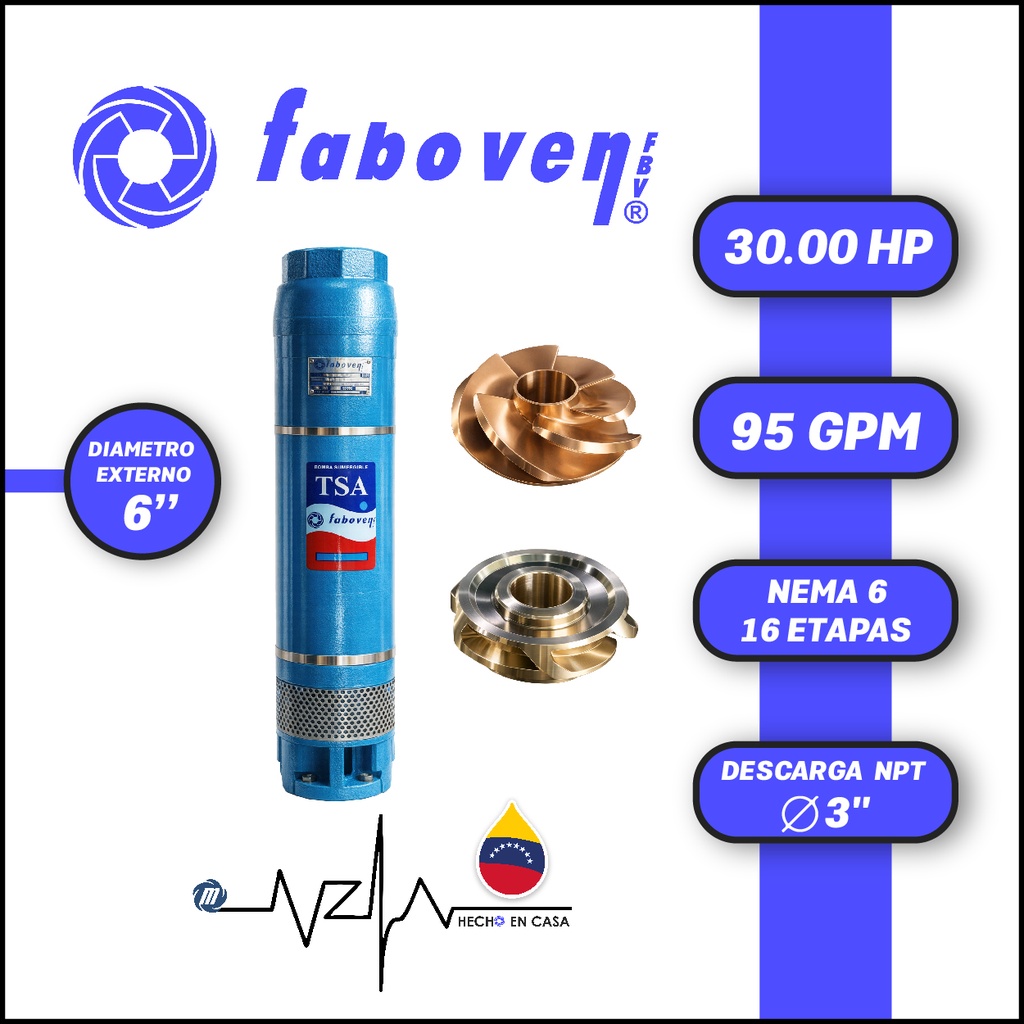 CUERPO SUMERGIBLE FABOVEN  6" SERIE TSA MOD. 03006X16DX0   95GPM  30,00HP 16ET 3"NPT NEMA6                