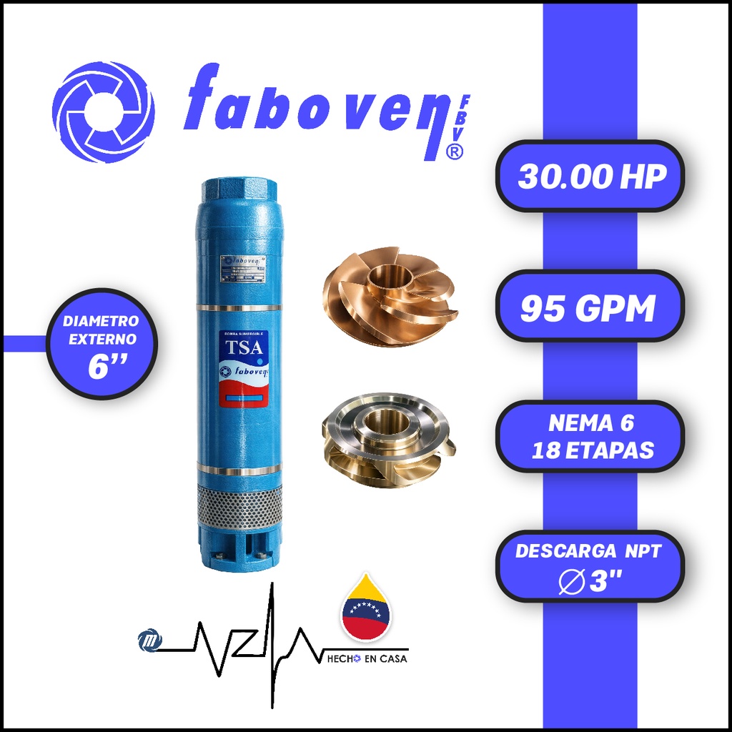 CUERPO SUMERGIBLE FABOVEN  6" SERIE TSA MOD. 03006X18DX0   95GPM  30,00HP 18ET 3"NPT NEMA6                