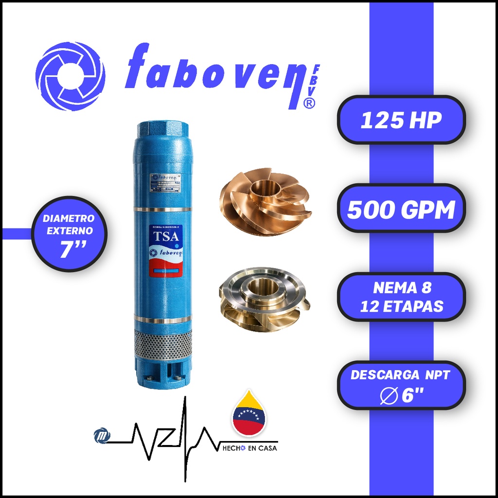 CUERPO SUMERGIBLE FABOVEN  7" SERIE TSA MOD. 12507M12NX0  500GPM 125,00HP 12ET 6"NPT NEMA8               