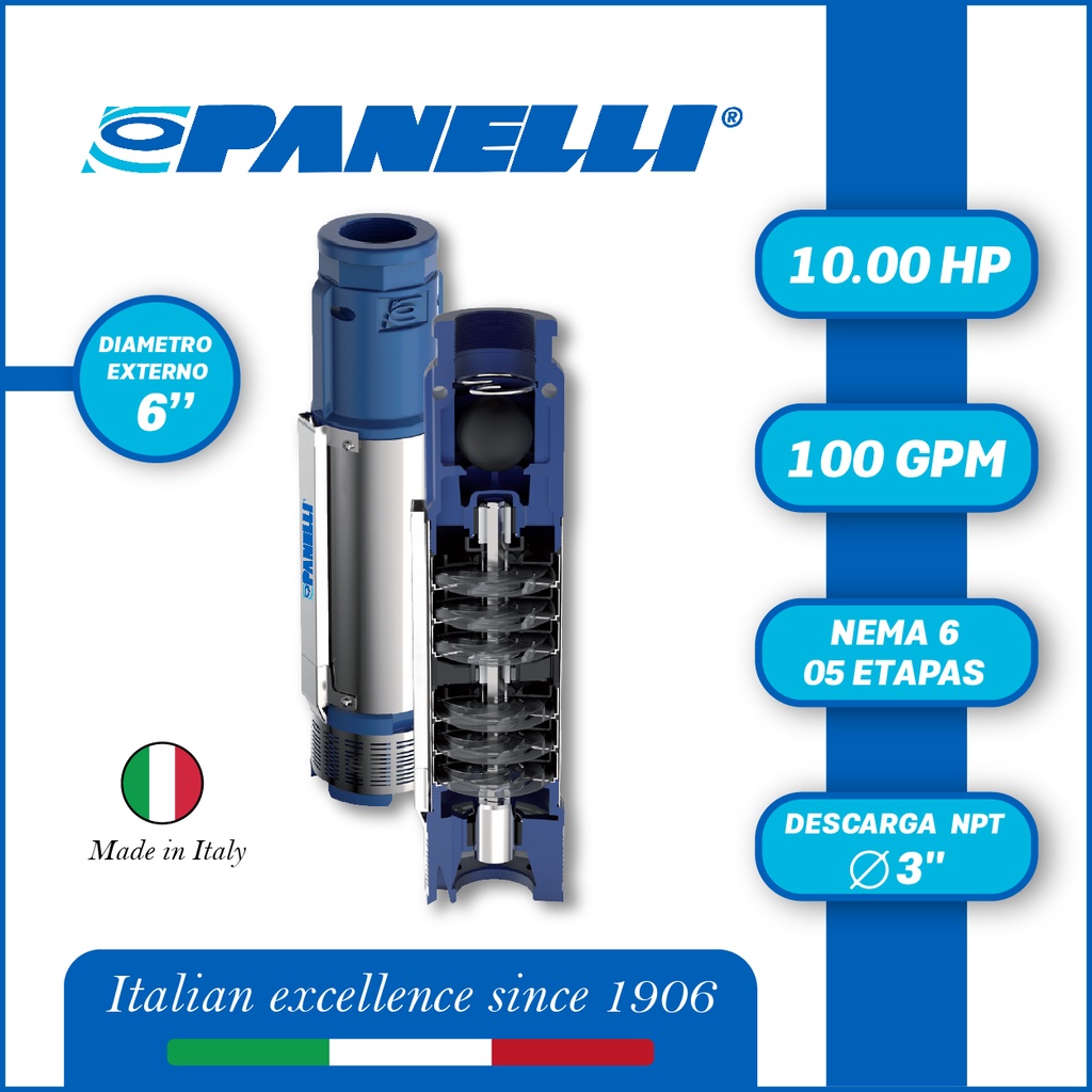 CUERPO SUMERGIBLE PANELLI  6" SERIE  PR MOD. 140PR10005 100GPM  10,00HP  05ET 3"NPT NEMA6