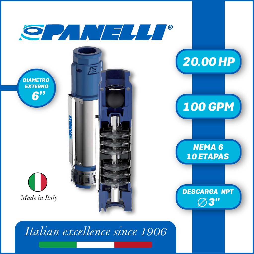 CUERPO SUMERGIBLE PANELLI  6" SERIE  PR MOD. 140PR10010 100GPM  20,00HP  10ET 3"NPT NEMA6