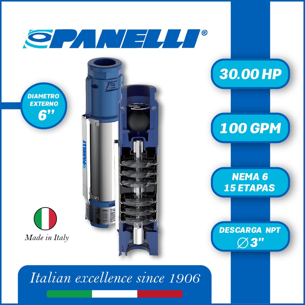 CUERPO SUMERGIBLE PANELLI  6" SERIE  PR MOD. 140PR10015 100GPM  30,00HP  15ET 3"NPT NEMA6