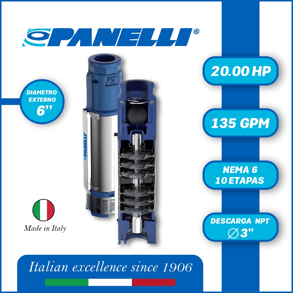 CUERPO SUMERGIBLE PANELLI  6" SERIE  PR MOD. 140PR13510 135GPM  20,00HP  10ET 3"NPT NEMA6