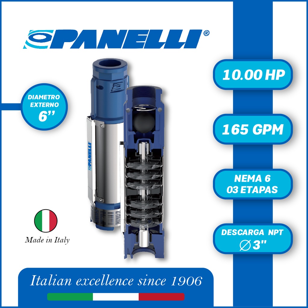 CUERPO SUMERGIBLE PANELLI  6" SERIE  PR MOD. 140PR16503 165GPM  10,00HP  03ET 3"NPT NEMA6