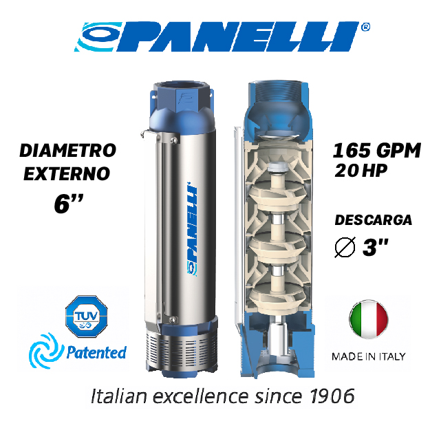 CUERPO SUMERGIBLE PANELLI  6" SERIE  PR MOD. 140PR16506 165GPM  20,00HP  06ET 3"NPT NEMA6