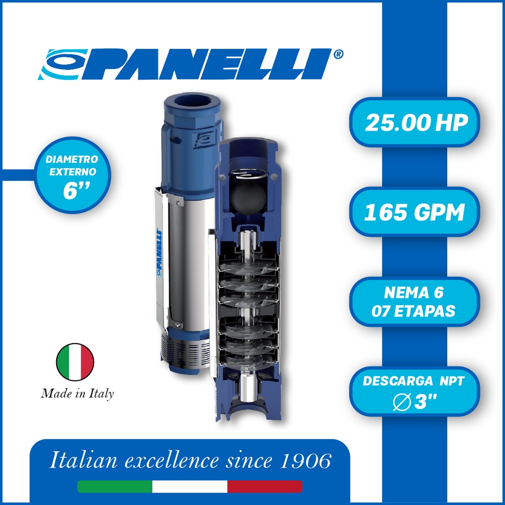CUERPO SUMERGIBLE PANELLI  6" SERIE  PR MOD. 140PR16507 165GPM  25,00HP  07ET 3"NPT NEMA6