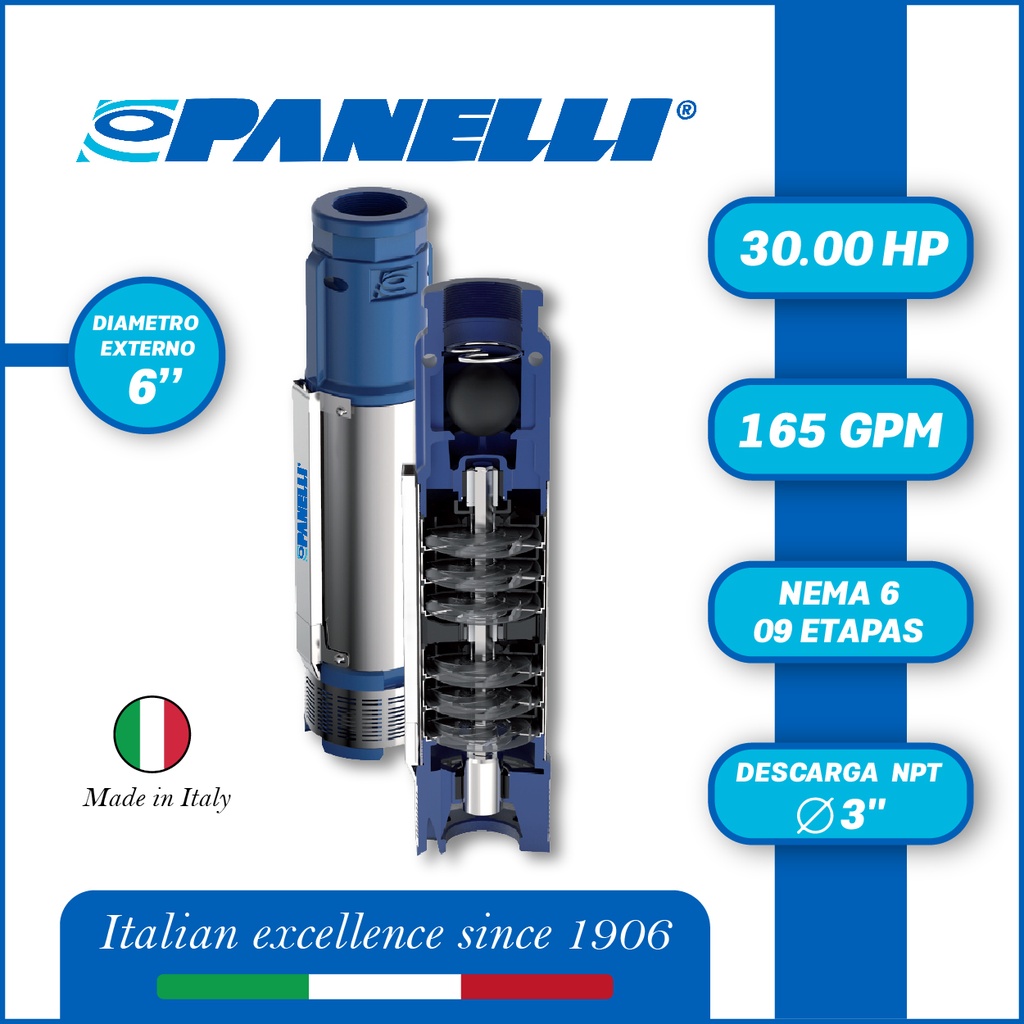 CUERPO SUMERGIBLE PANELLI  6" SERIE  PR MOD. 140PR16509 165GPM  30,00HP  09ET 3"NPT NEMA6