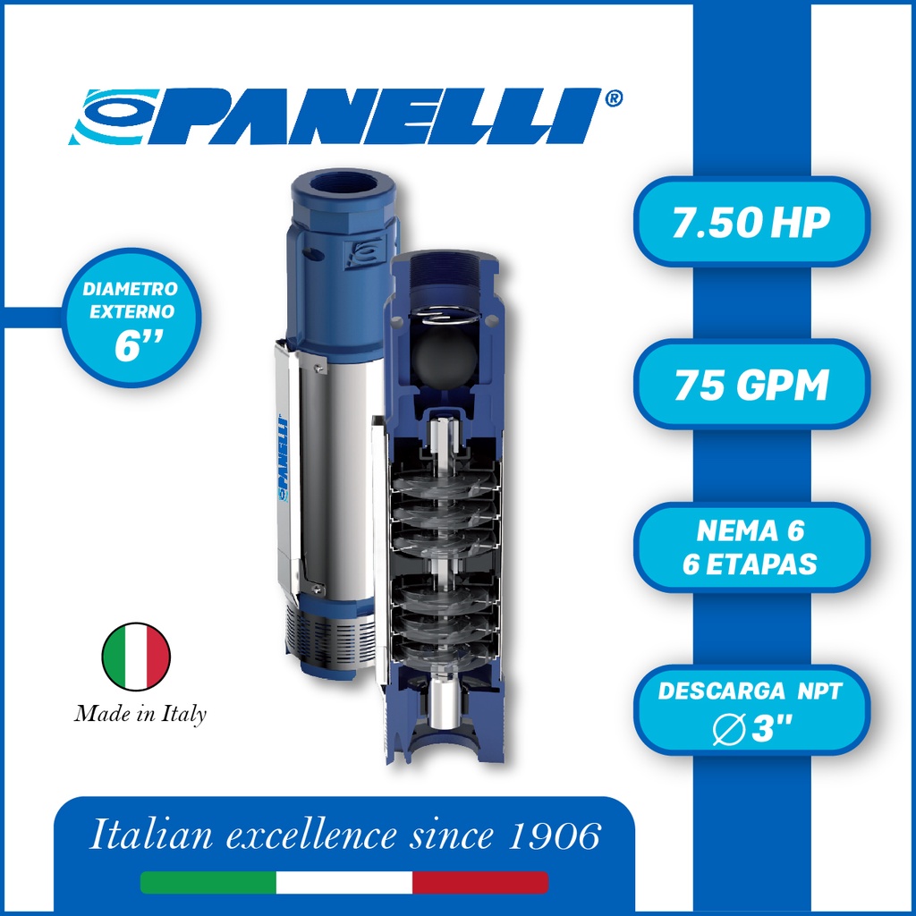 CUERPO SUMERGIBLE PANELLI  6" SERIE  PR MOD. 140PR07506  75GPM   7,50HP  06ET 3"NPT NEMA6