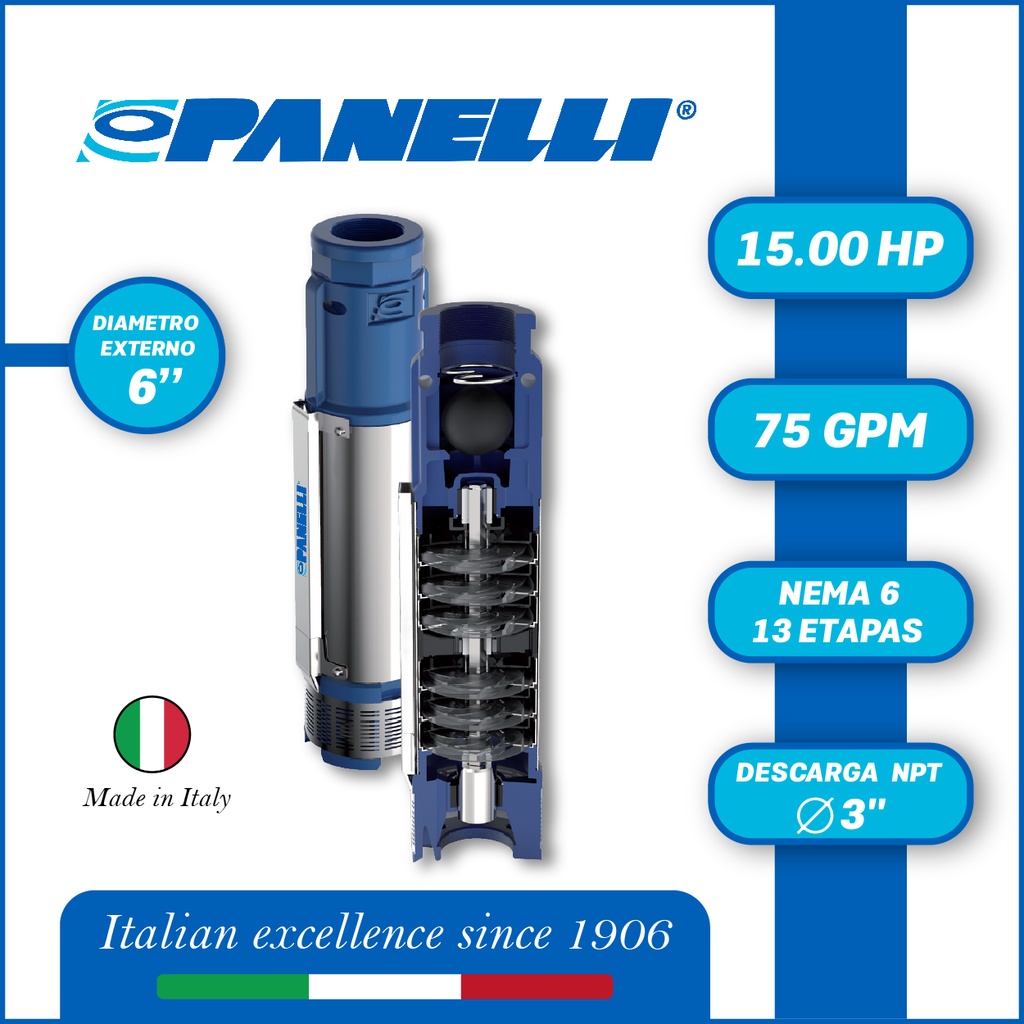 CUERPO SUMERGIBLE PANELLI  6" SERIE  PR MOD. 140PR07513  75GPM  15,00HP  13ET 3"NPT NEMA6