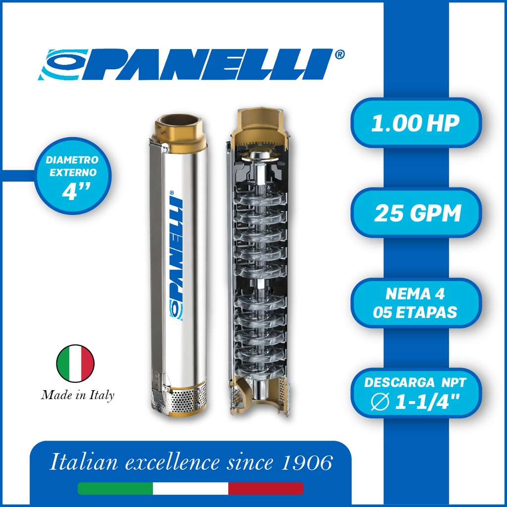 CUERPO SUMERGIBLE PANELLI  4"  SERIE PR MOD.  95PR2505   25GPM   1,00HP 05ET 1-1/4"NPT NEMA4