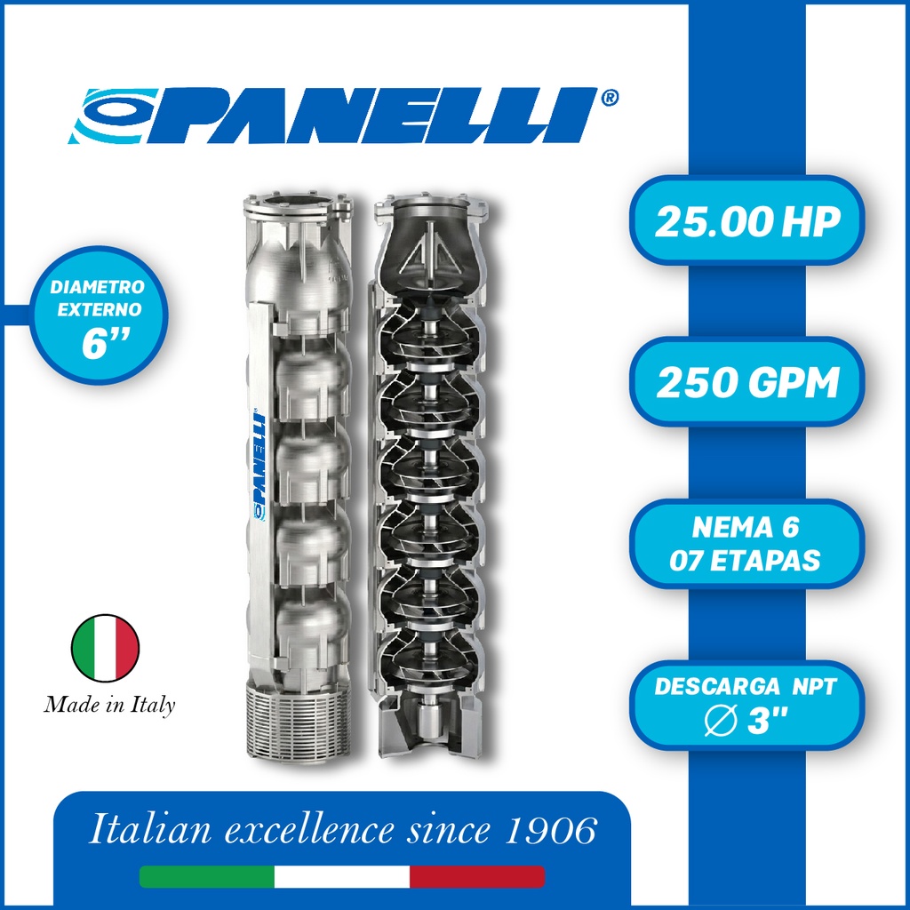 CUERPO SUMERGIBLE PANELLI  6" SERIE  SX MOD. 140SX25007  250GPM  25,00HP 07ET 3"NPT NEMA6