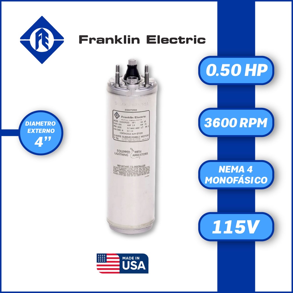 MOTOR SUMERGIBLE MF FRANKLIN  4" SERIE WWELL SS MOD. 2145049004GS   0,50HP 1PH/115V/60HZ/2P 3600RPM 3W DOL NEMA4 WF-C