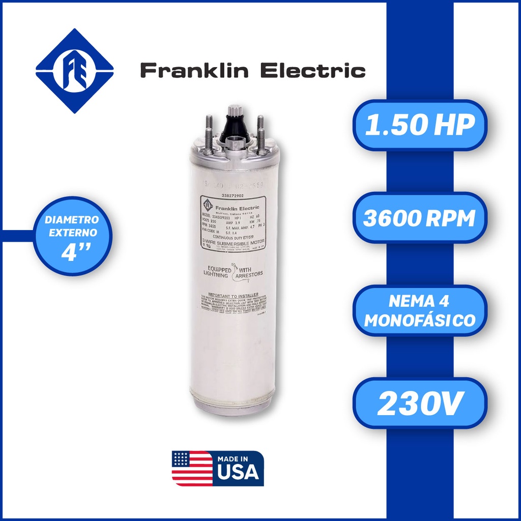 MOTOR SUMERGIBLE MF FRANKLIN  4" SERIE WWELL SS MOD. 2243009203GS   1,50HP 1PH/230V/60HZ/2P 3600RPM 3W DOL NEMA4 WF-C                                              