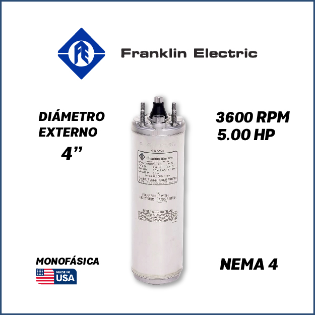 MOTOR SUMERGIBLE MF FRANKLIN  4" SERIE WWELL SS MOD. 2247038602G    5,00HP 1PH/230V/60HZ/2P 3600RPM 3W DOL NEMA4 WF-C                                              