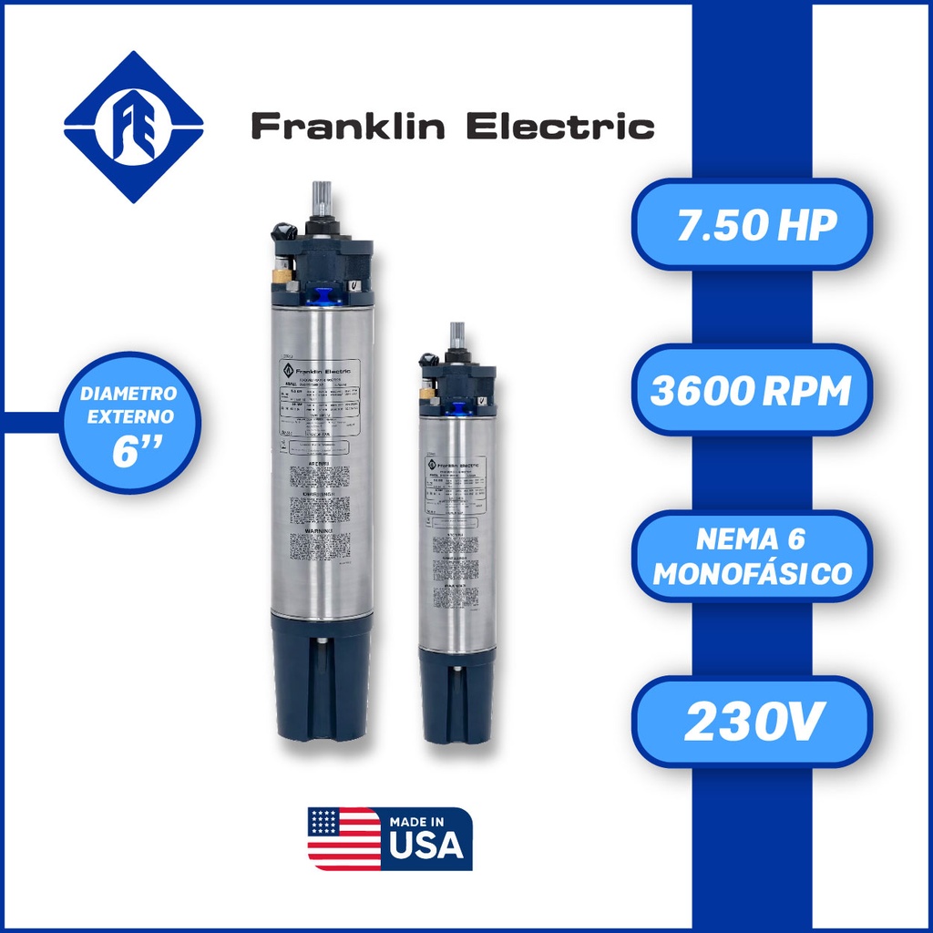 MOTOR SUMERGIBLE MF FRANKLIN  6" SERIE ENCAP SF MOD. 2261118020     7,50HP  1PH/230V/60HZ/2P 3600RPM 3W DOL NEMA6 WF-C